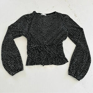 Zara Long Sleeve Black White Polka Dot Pleated Crop Blouse